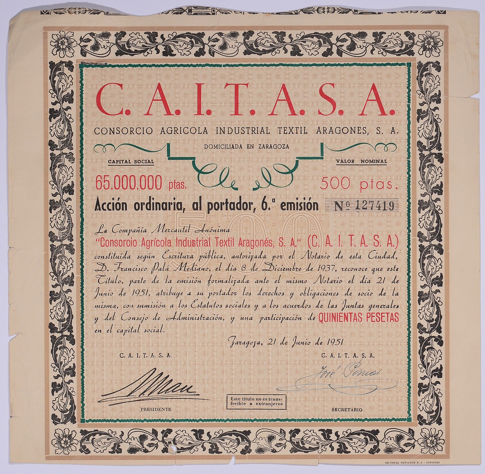 ИСПАНИЯ АЦИЯ НА 500 ПЕСЕТ 1951 C.A.I.T.A.S.A. КОНСОРЦИУМ ИНДУСТРИАЛЬНЫЙ ТЕКСТИЛЬ, САРАГОСЫ 1951 бумага 5544-1