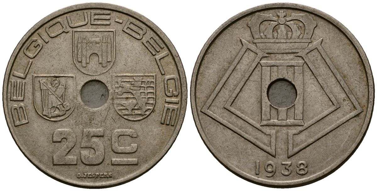 Бельгия 25 сантимов 1938 Belgique - Belgie KM 114 никель латунь 4583-836