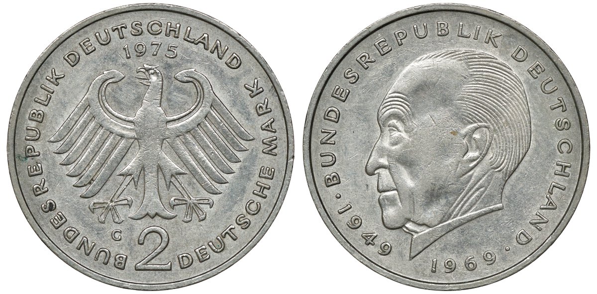 ФРГ 2 МАРКИ 1975 G, КОНРАД АДЕНАУЭР KM 124, J. 406 медно-никель плакированный никелем плакированный никелем UNC 72-457