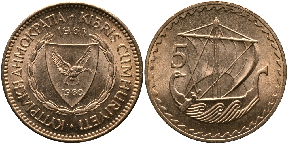 Кипр 5 милсов 1963 парусник KM 39 бронза aUNC 33-746