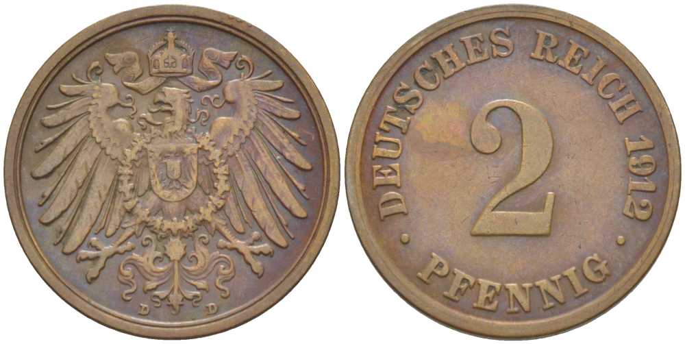 Германия 2 пфеннига 1912 D KM 16, J. 11, Weege 4 медь 206-616