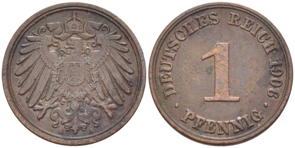 ГЕРМАНИЯ 1 ПФЕННИГ 1906 A KM 10, J. 10 медь 112-1114