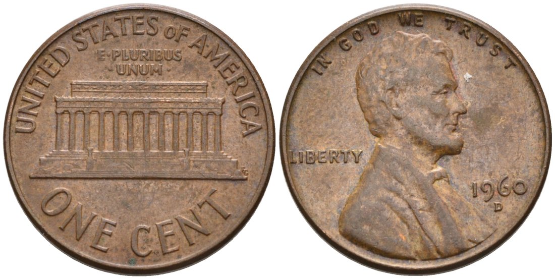 США 1 цент 1960 D, Линкольн KM 201 медь цинк 4564-333