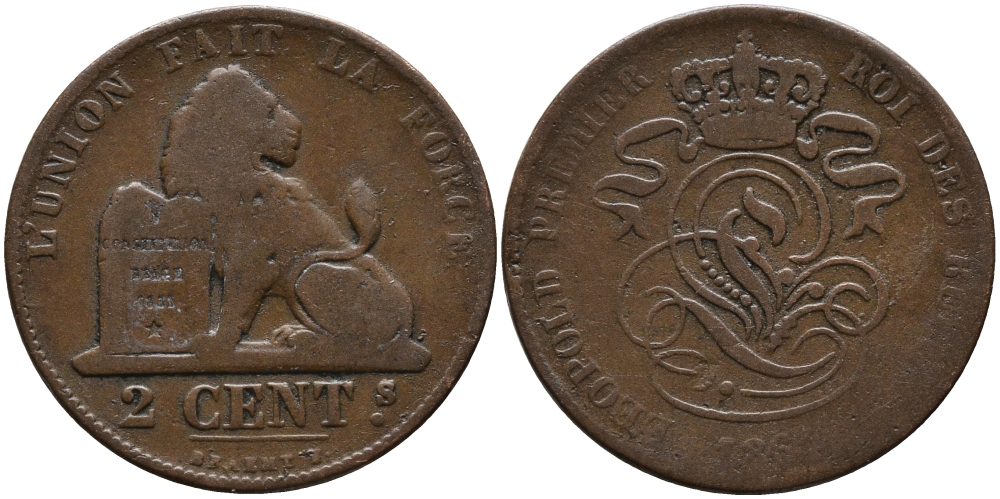 БЕЛЬГИЯ 2 САНТИМА 186X KM 4.2 медь 4393-257