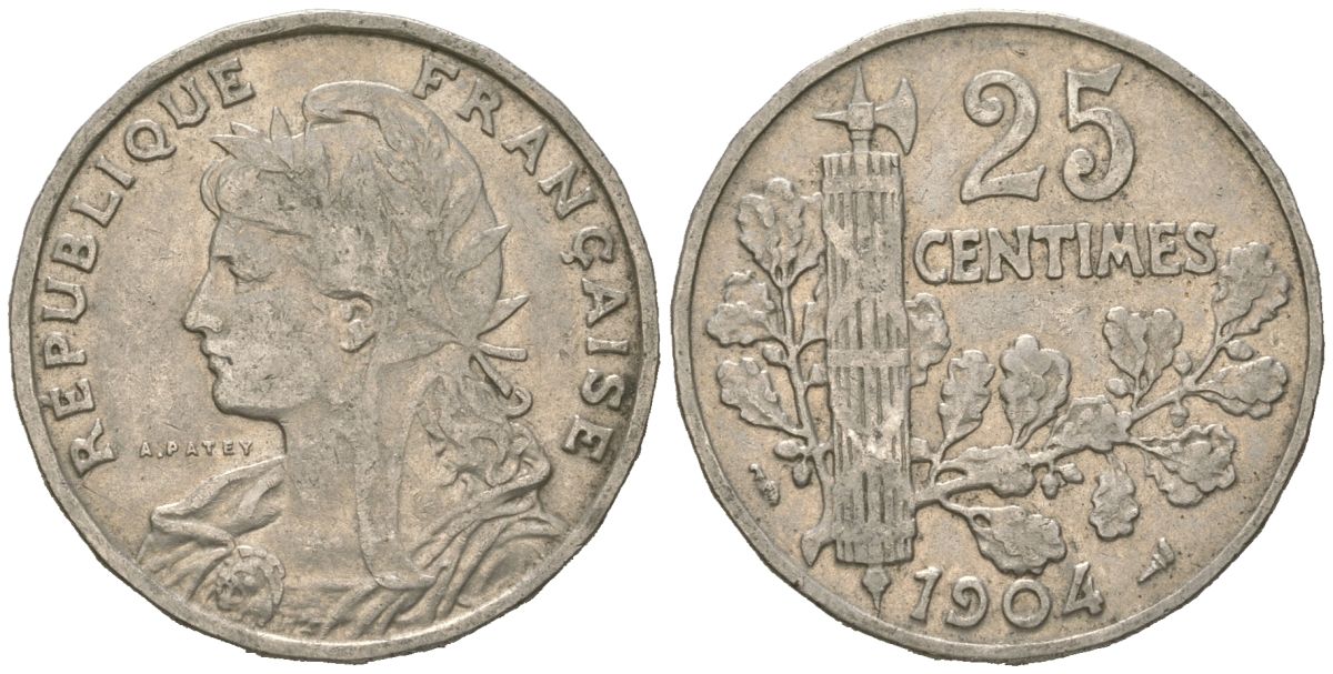 Франция 25 сантимов 1904 KM 856 никель 113-647