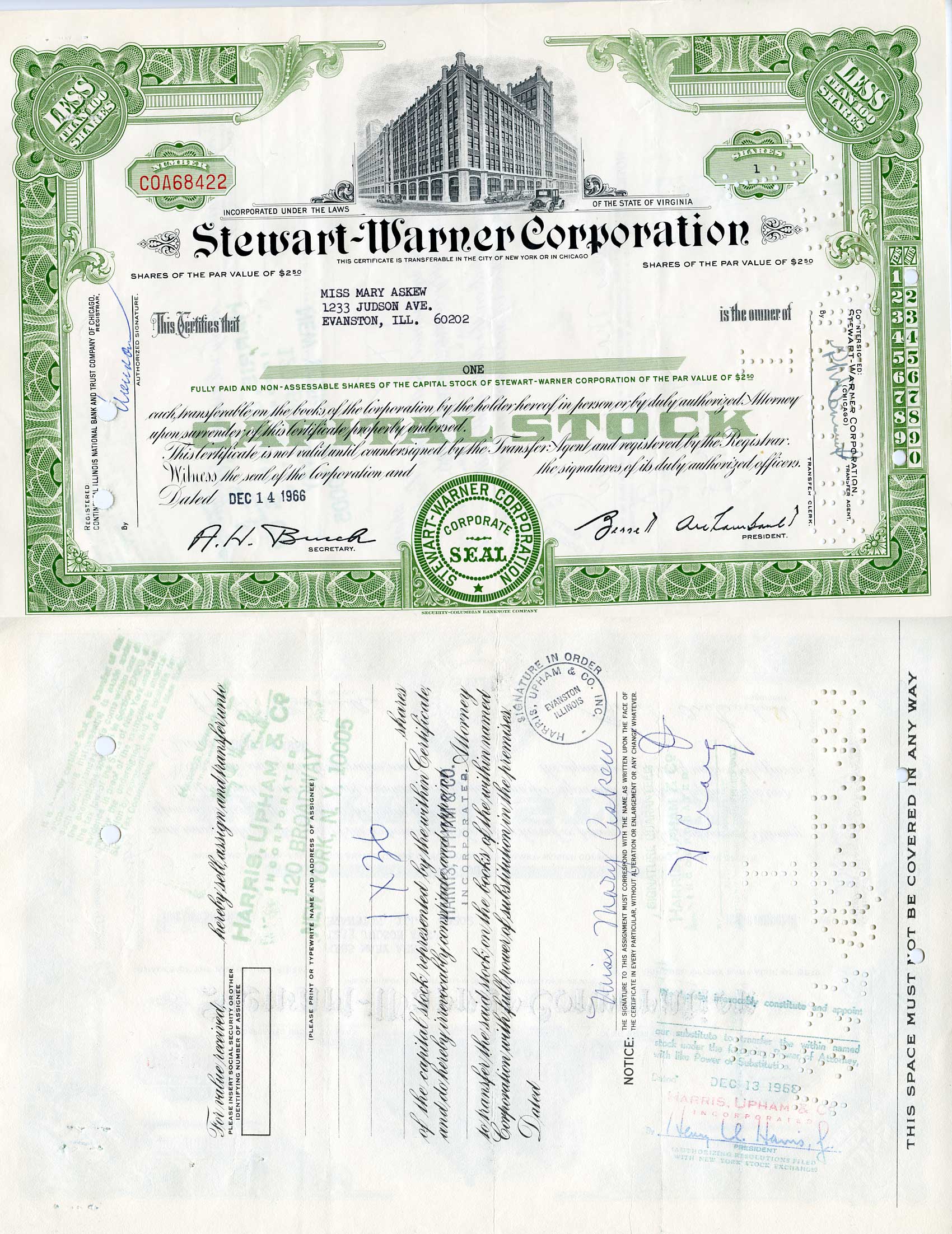 США 1 акция 1966 Стюарт-Уорнер, Stewart-Warner Corporation, производство автомобильных приборов   бумага   5547-13-1-2