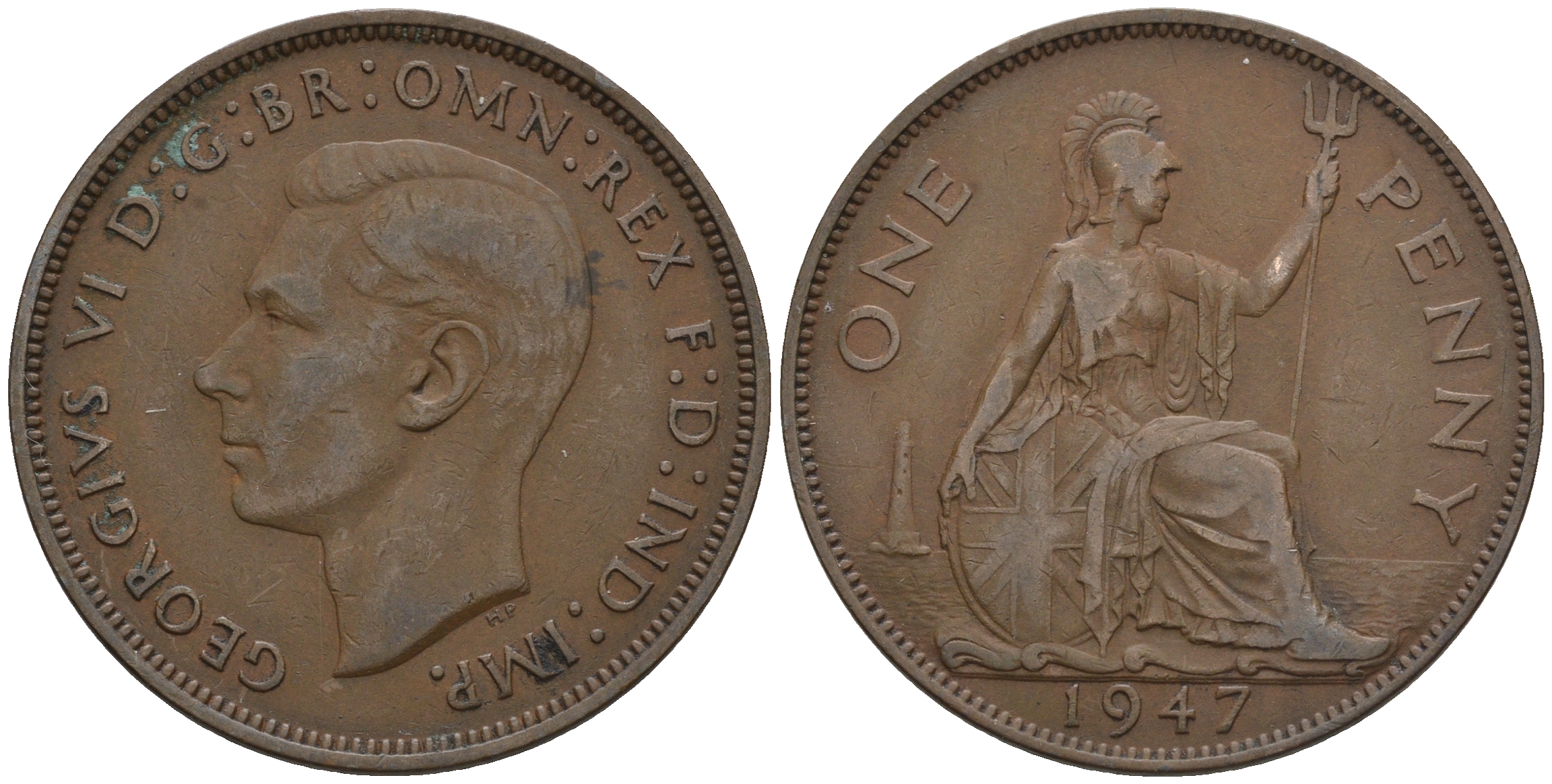 Великобритания 1 пенни 1947 Георг VI (1936-1952) KM 845, Spink 4114 бронза 4607-1234