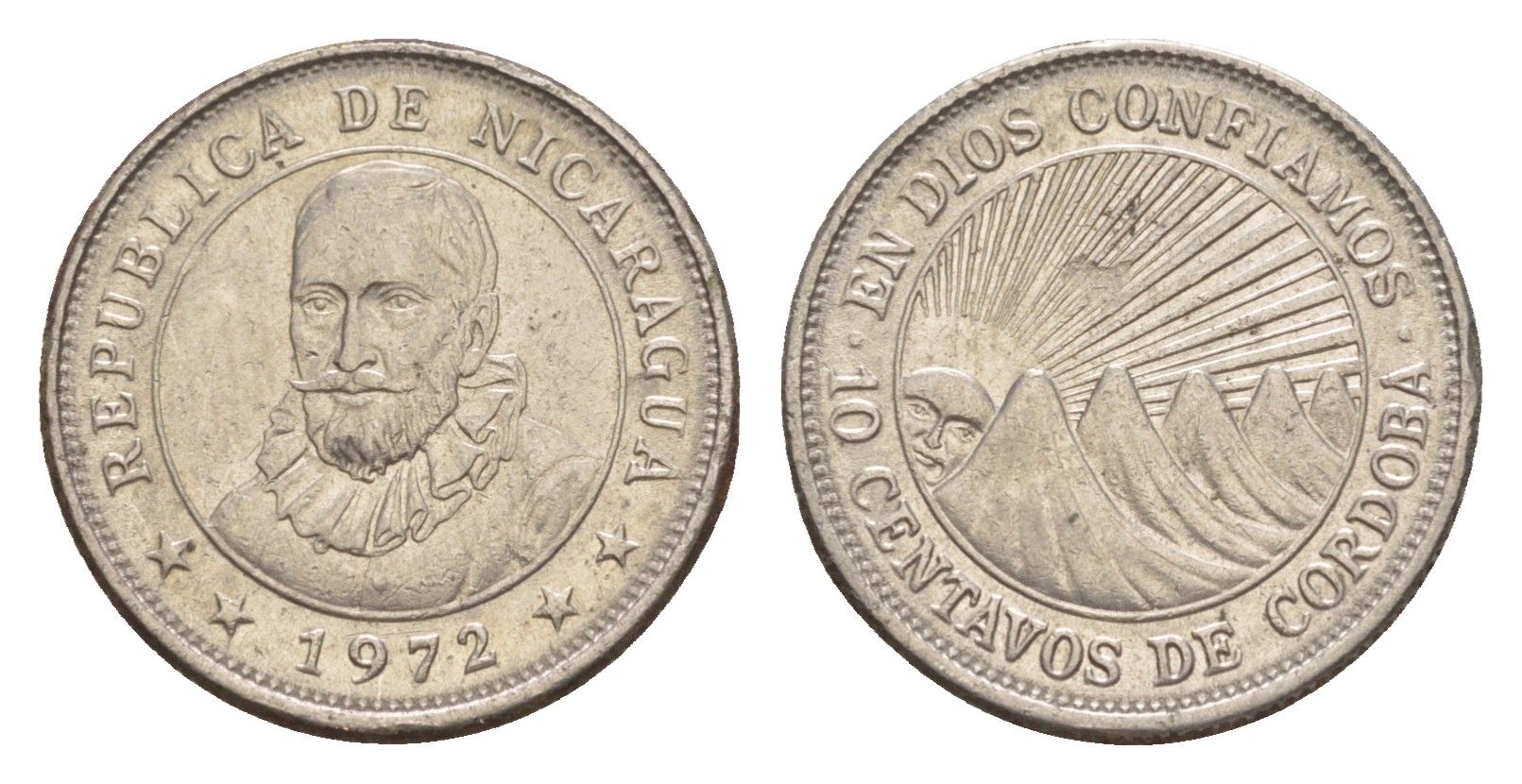 Никарагуа 10 сентаво 1972 KM 17.2a сталь плакированная никелем aUNC 4640-1023