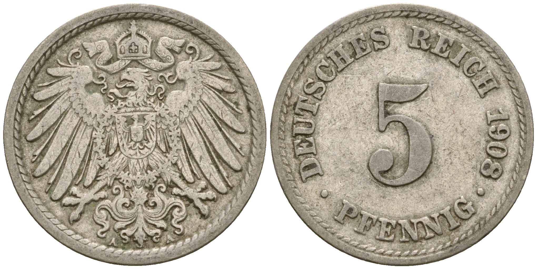 Германия 5 пфеннигов 1908 A KM 11, Jager 12, Weege 6 медно-никель 4364-4533