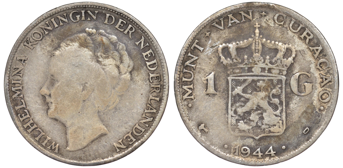 Нидерландское Кюрасао 1 гульден 1944 D, Вильгельмина (1890-1948) KM 45 серебро 36-442