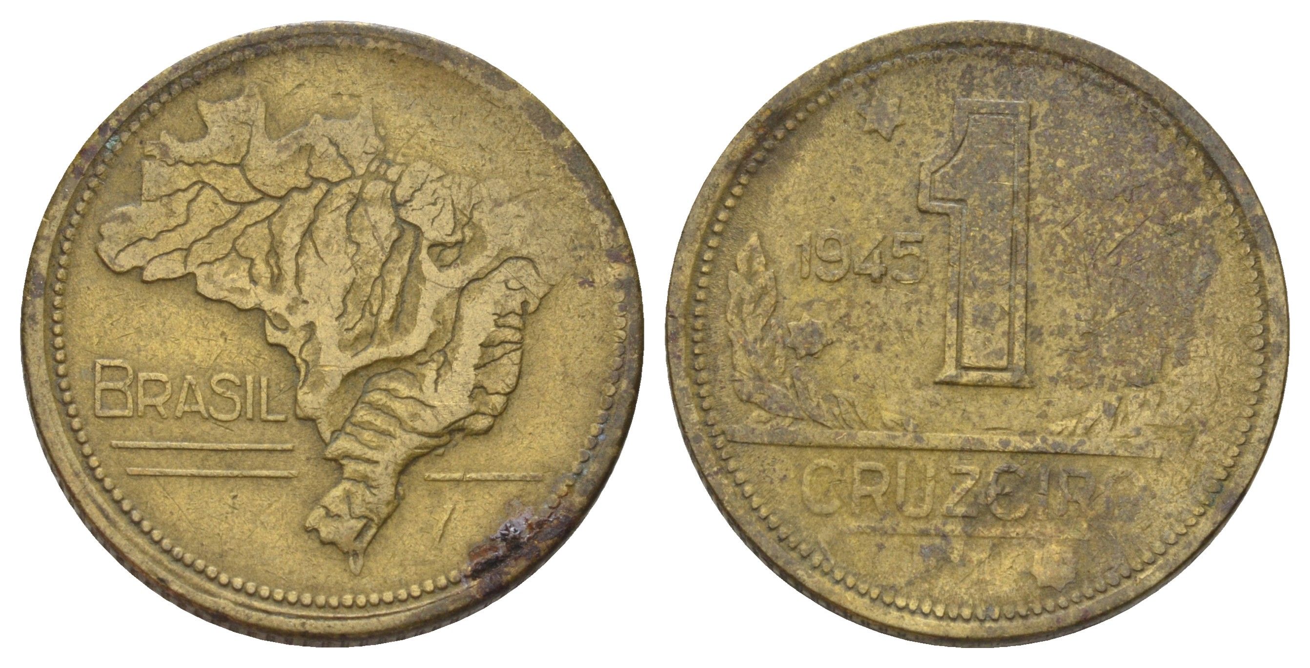 Бразилия 1 крузейро 1945 KM 558 алюминиевая бронза 4143-1112