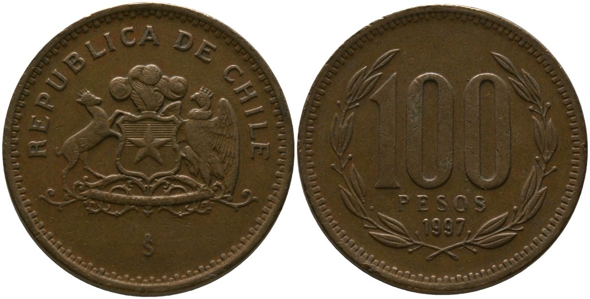 Чили 100 песо 1997 So KM 226.2, Schon 71 алюминиевая бронза 4544-1251
