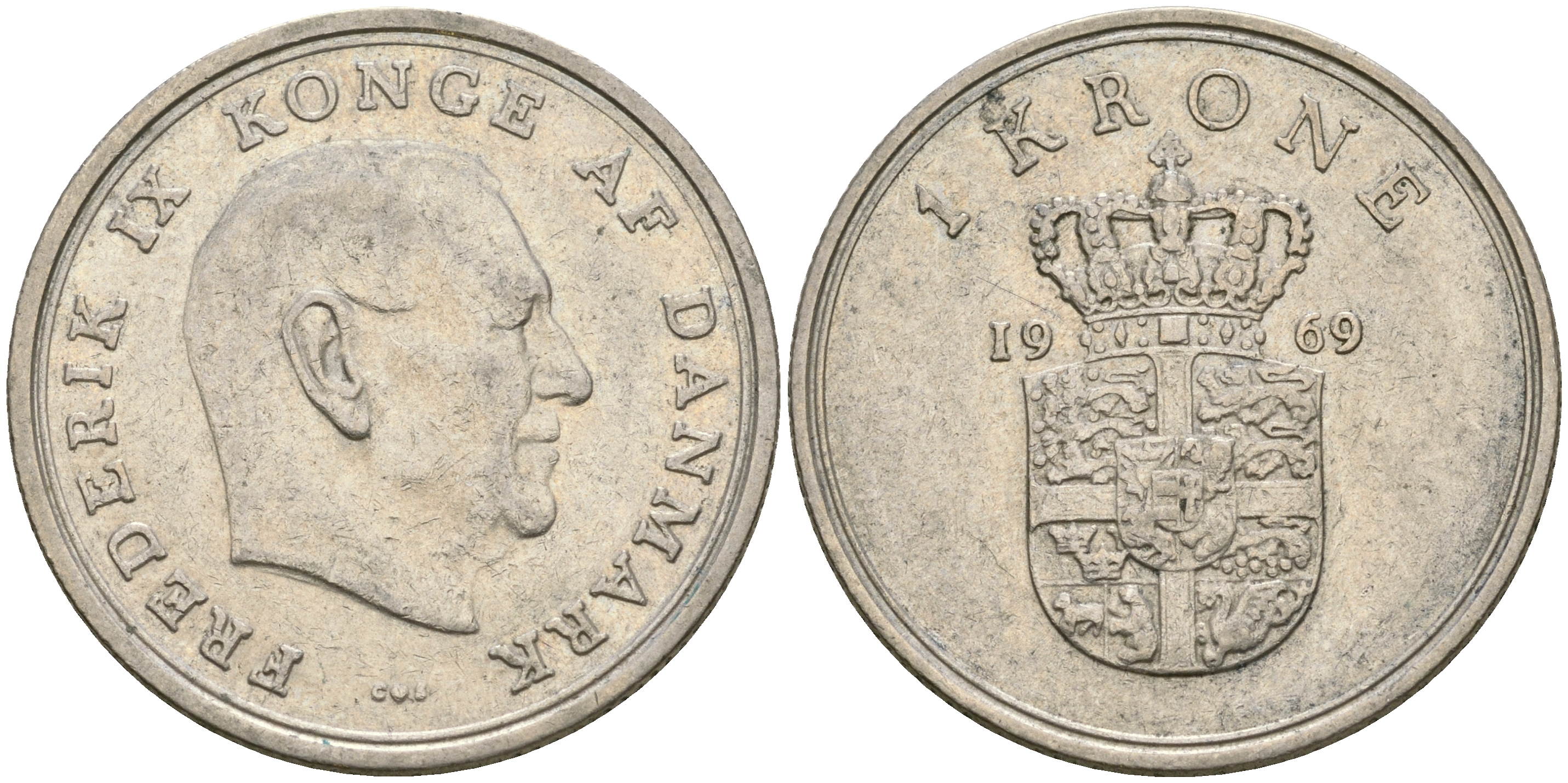 ДАНИЯ 1 КРОНА 1969 C; S, ФРЕДЕРИК IX (1947-1972) KM 851.1 медно-никель 4364-1312