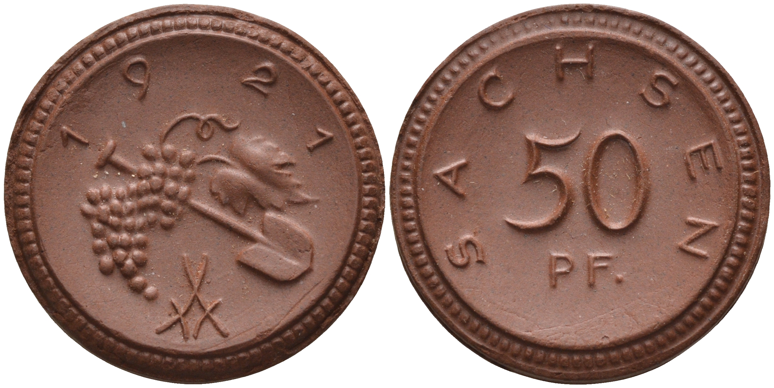 Саксония 50 пфеннигов 1921 виноград и лопата J. N 54 фарфор 1094-5-75