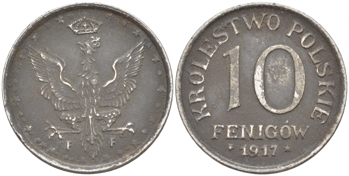 ПОЛЬША 10 ФЕНИГОВ 1917 FF, ПЕРВАЯ МИРОВАЯ ВОЙНА, НЕМЕЦКАЯ ОККУПАЦИЯ, ЛЕГЕНДА НЕ КАСАЕТСЯ КРАЯ KM 6 железо 4548-1011