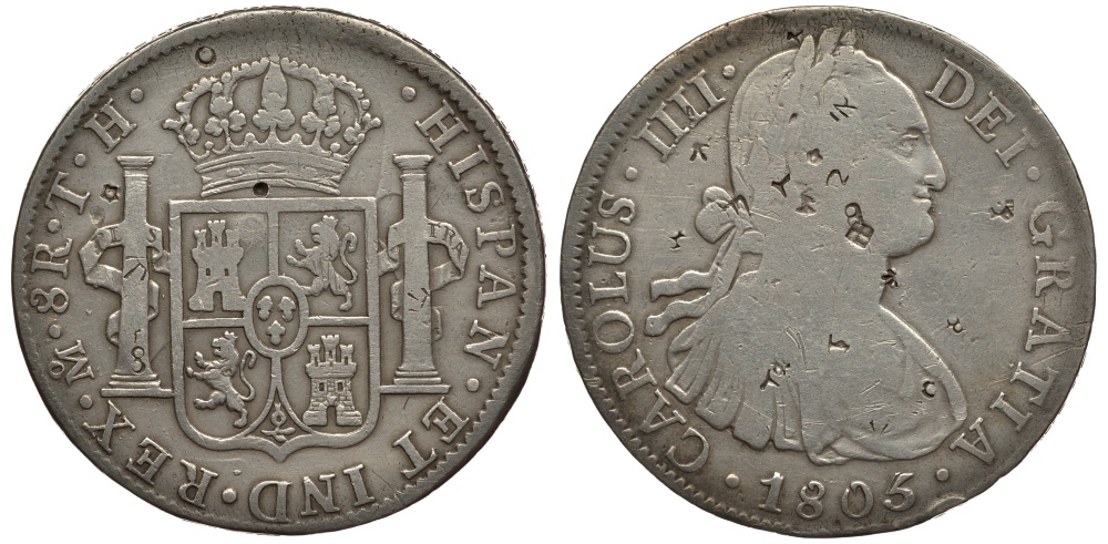 МЕКСИКА 8 РЕАЛОВ 1805 TH, КАРЛ IV, надчеканка Юго-Восточная Азия KM 109 серебро 06-273-33