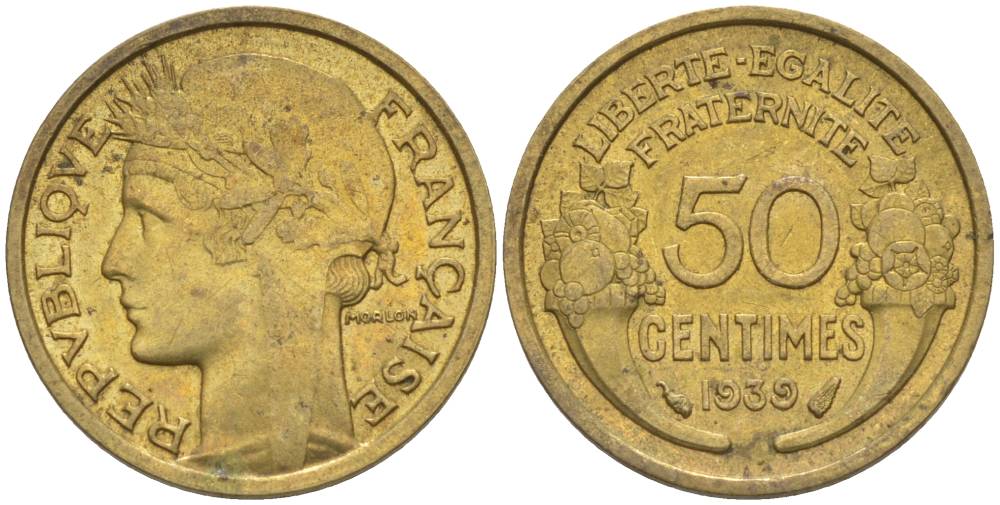 ФРАНЦИЯ 50 САНТИМОВ 1939 ТИП MORLON KM 894.1, LE FRANC 192.15 алюминиевая бронза 44-866