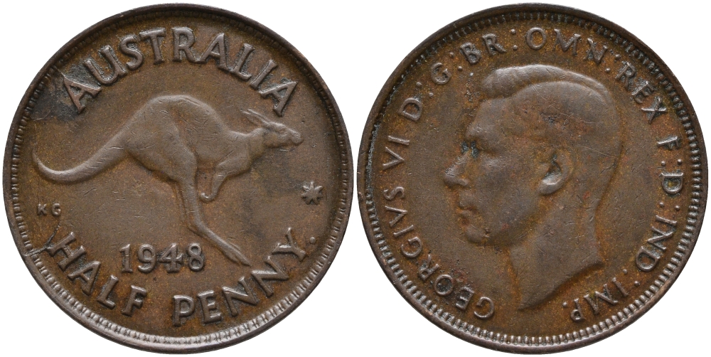 Австралия 1/2 пенни 1948 p, Георг VI (1937-1952), кенгуру KM 41 бронза 84-1416