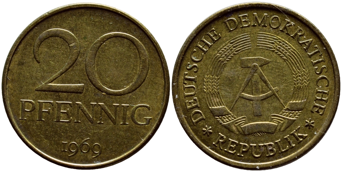 ГДР 20 пфеннигов 1969 А, первый год KM 11 латунь UNC 4398-224