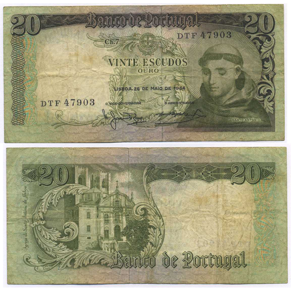 Португалия 20 эскудо 1964 Антоний Падуанский Pick 167 b бумага 8595-18-2-1