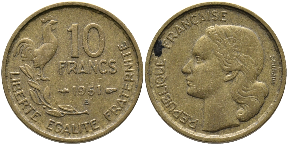 Франция 10 франков 1951 B, петух KM 915.2, Le Franc 363.5 алюминиевая бронза 65-1032