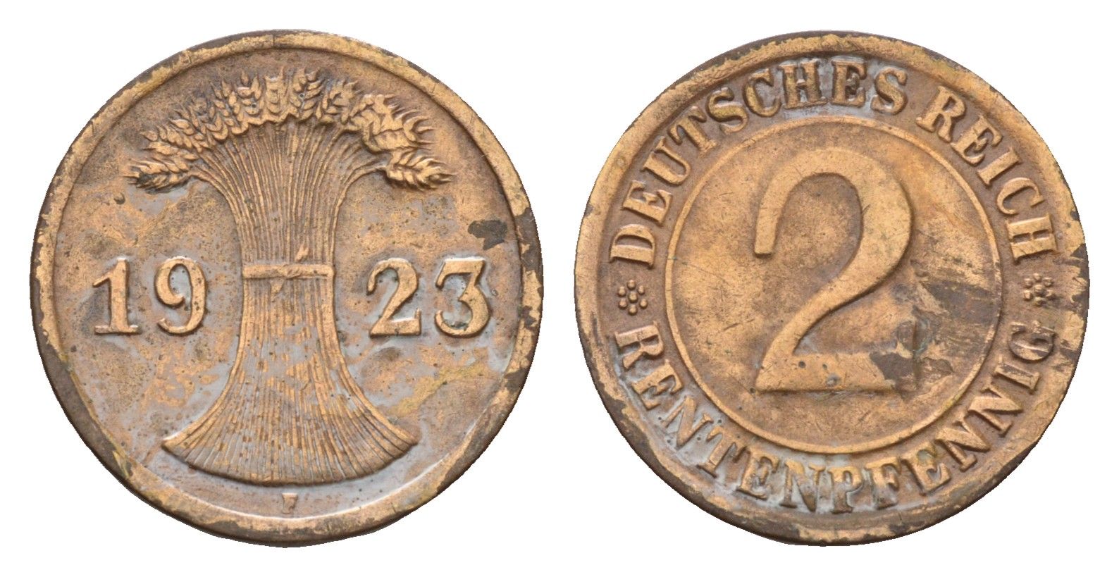 Германия 2 рентенпфеннига 1923 F KM 31, J. 307 бронза 4630-1169