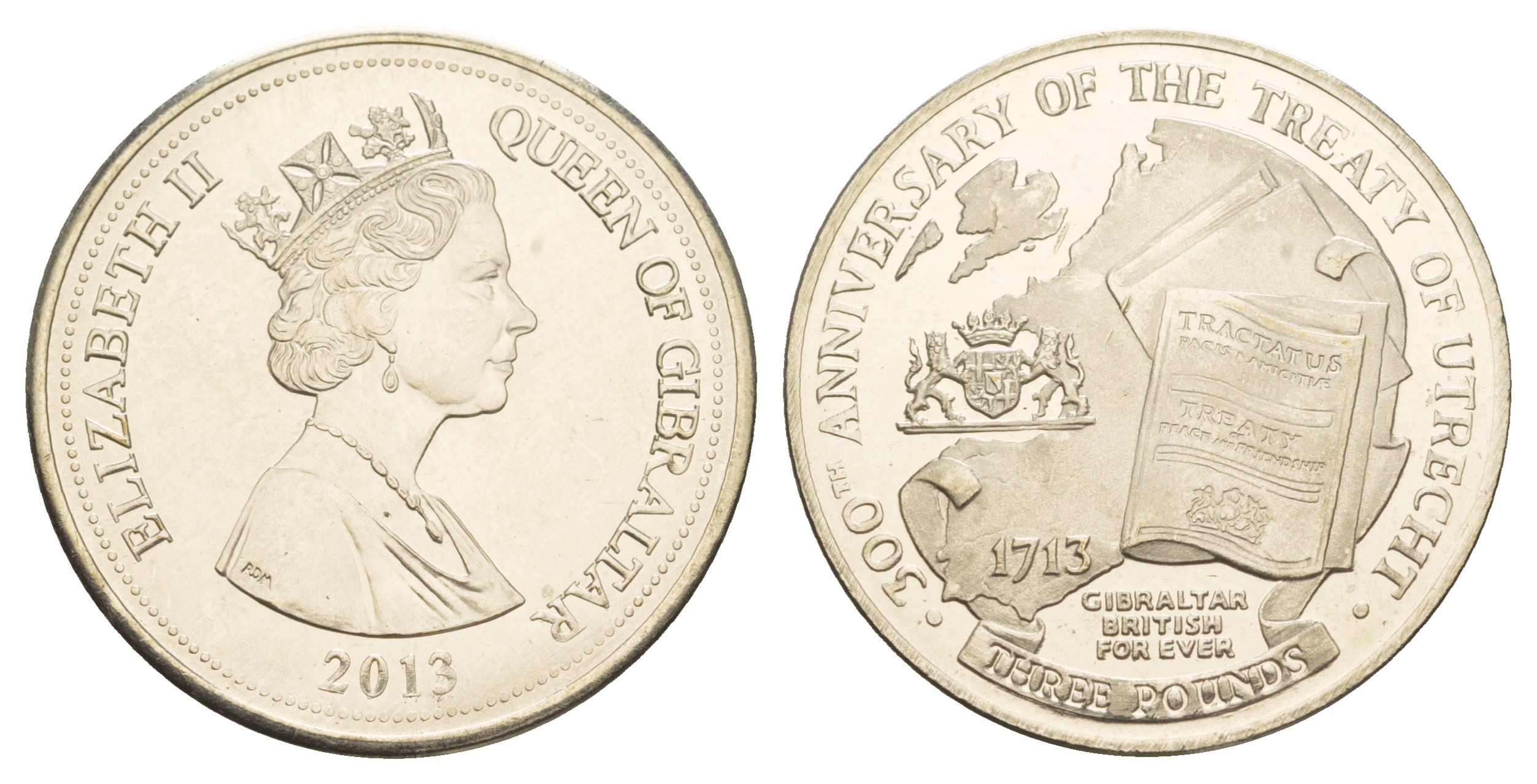 Гибралтар 3 фунта 2013 300-летие Утрехтского мирного договора KM NEW медно-никель  UNC  M7-16