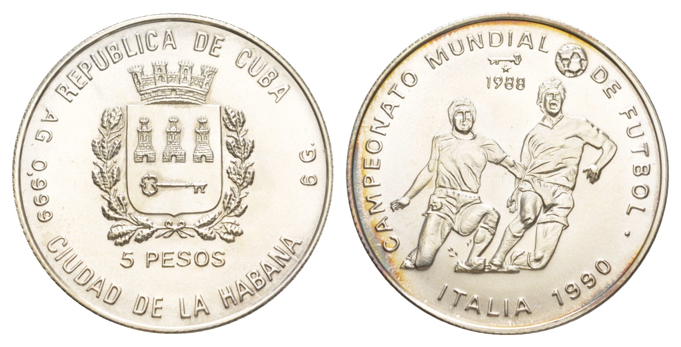 Куба 5 песо 1988 Чемпионат мира по футболу 1990, Италия KM 216 серебро BU 1079-9-63