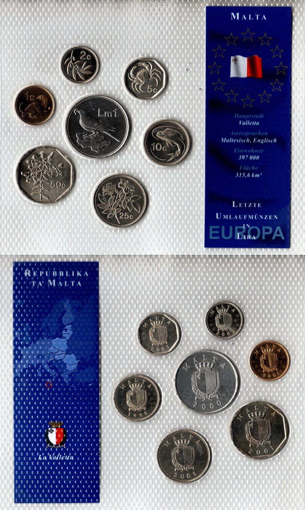 Мальта набор из 7 монет (1, 2, 5, 10, 25 и 50 центов; 1 лира) 1998, 2000, 2001 и 2002 в красочной упаковке с информацией о стране KM 93, 94, 95, 96, 97, 98 и 99 UNC 2-6-3-105