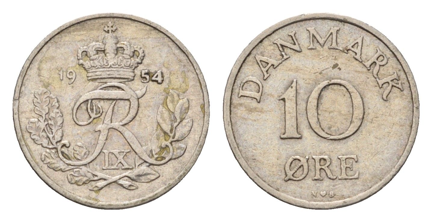 Дания 10 эре 1954 C.S, Фредерик IX (1947-1972) KM 841 медно-никель 4701-937