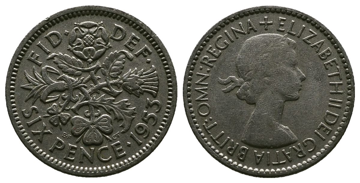 Великобритания 6 пенсов 1953 Елизавета II (1952-2022) KM 889, Spink 4141 889 медно-никель 4381-635