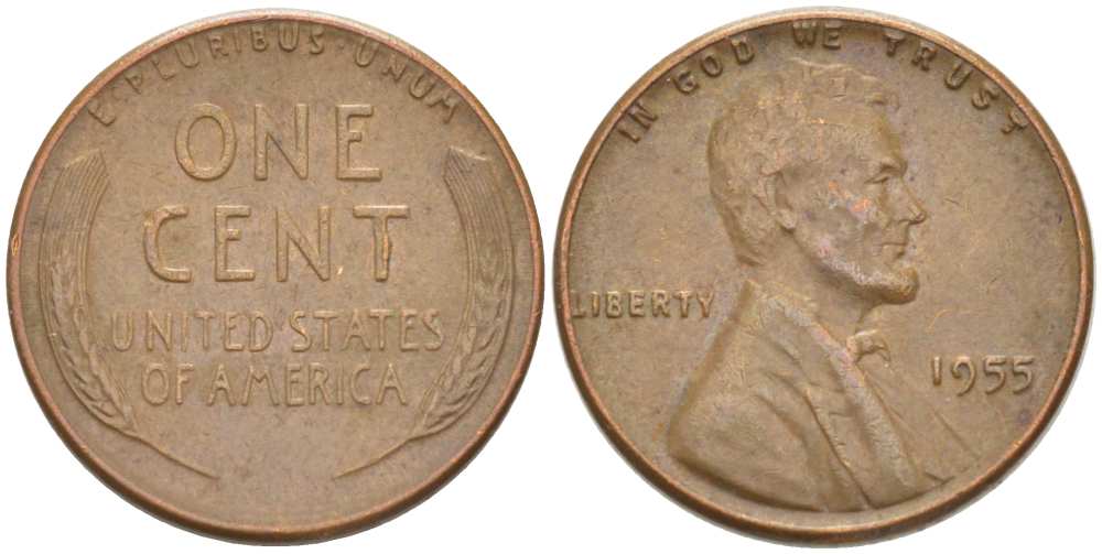 США 1 ЦЕНТ 1955 ЛИНКОЛЬН KM А132 медь цинк 3309-1142