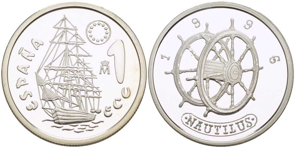 Испания 1 экю 1996 парусник Timon, в оригинальной деревянной коробке, с сертификатом  серебро  PROOF  4-3-1-10