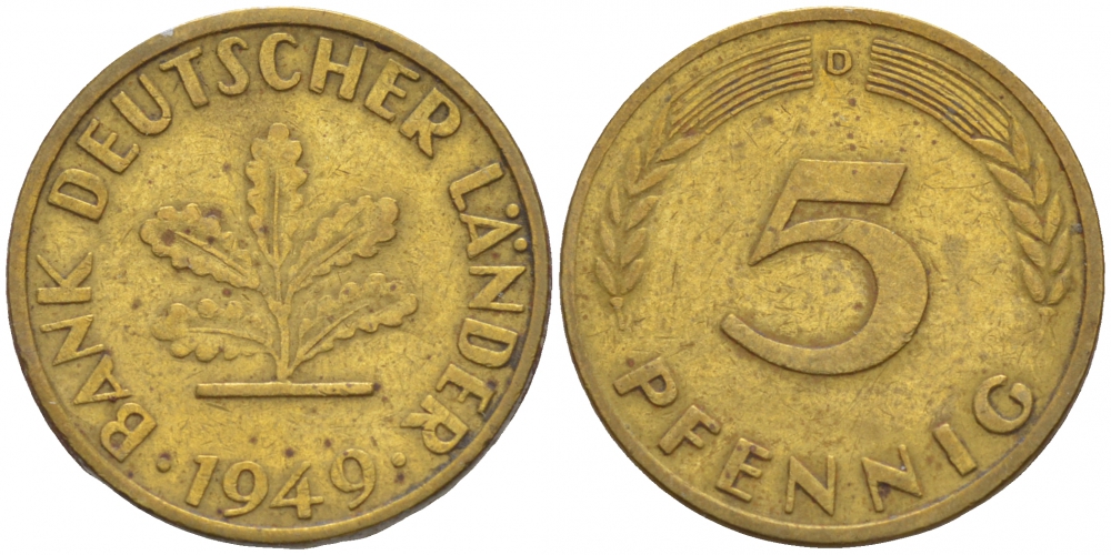 ФРГ 5 ПФЕННИГОВ 1949 D KM 102, J. 377 сталь плакированная латунью 4547-1156