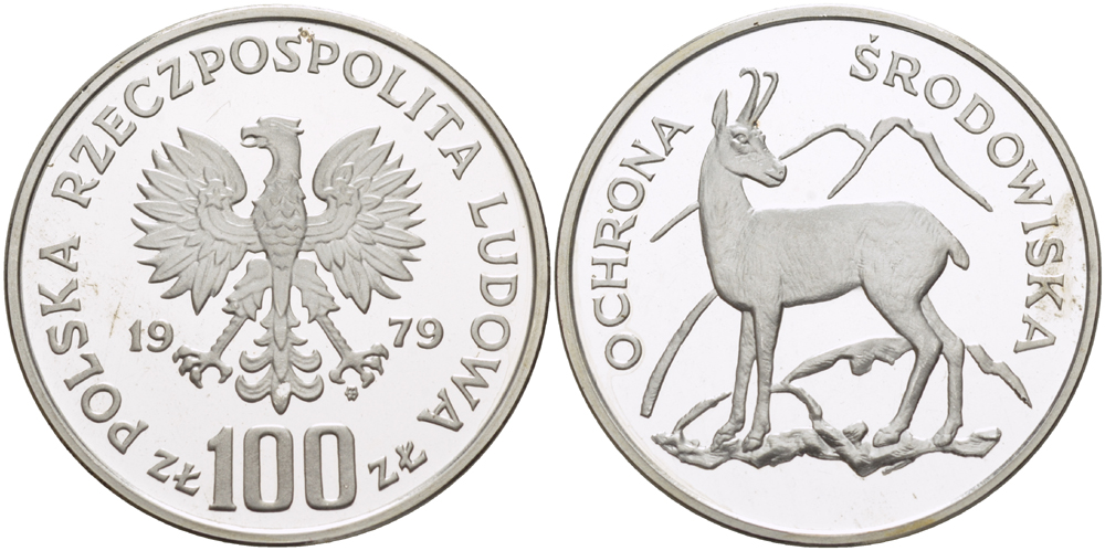 Польша 100 злотых 1979 MW, серия охрана окружающей среды, косуля KM 105, Parchimowicz 287 серебро PROOF 1085-1-22