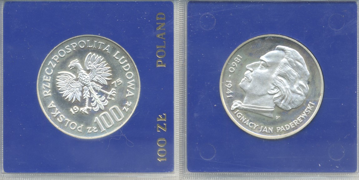 Польша 100 злотых 1975 MW, Игнаций Ян Падеревский (1860-1941), в оригинальной пластиковой упаковке KM 77, Parchimowicz 273 серебро PROOF 5-3-1-19