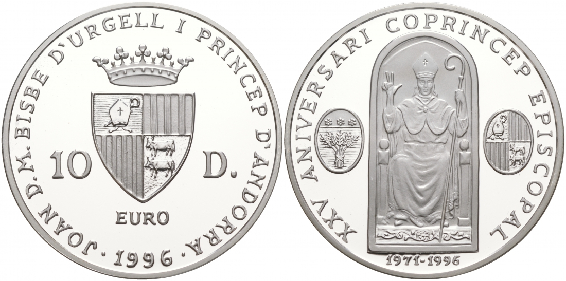 Андорра 10 динеров 1996 25 лет соправления  Жоана Марти-и-Аланиса, ECU KM 125 серебро PROOF 11-039-42