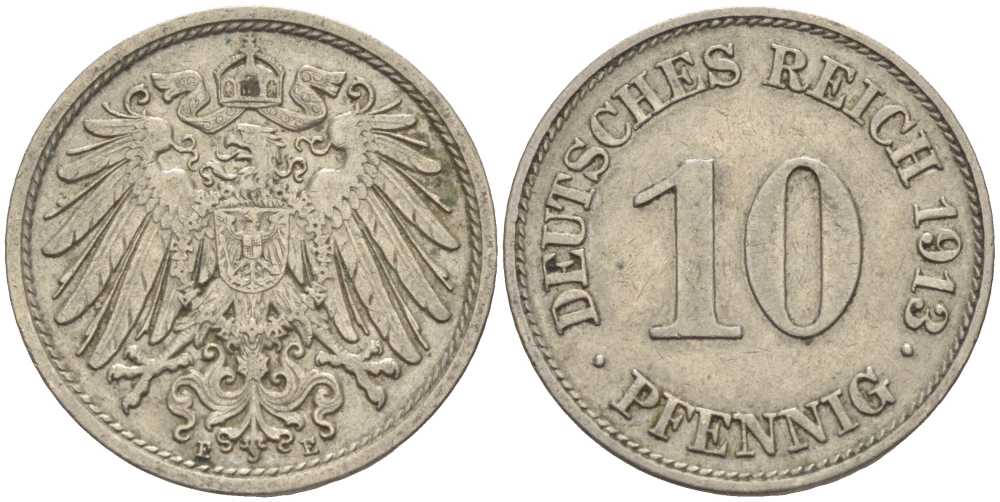 ГЕРМАНИЯ 10 ПФЕННИГОВ 1913 E KM 12, J. 13 медно-никель 33-632