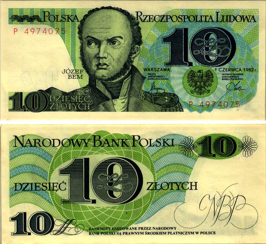 Польша 10 злотых 1982 Юзеф Захариаш Бем Pick 148 a бумага UNC (пресс) 00-00