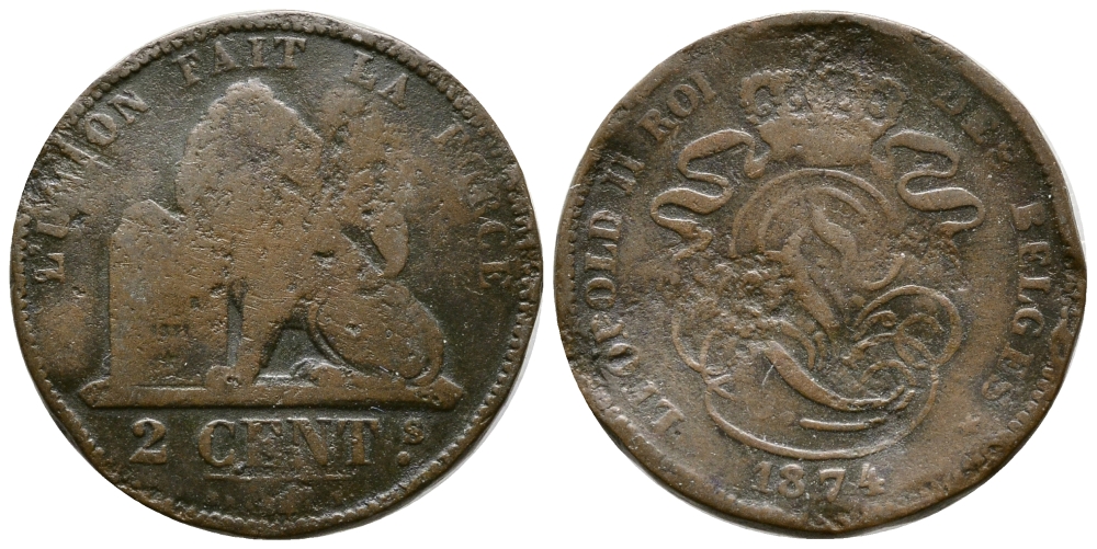 БЕЛЬГИЯ 2 САНТИМА 1874 BELGES KM 35.1 медь 177-1021