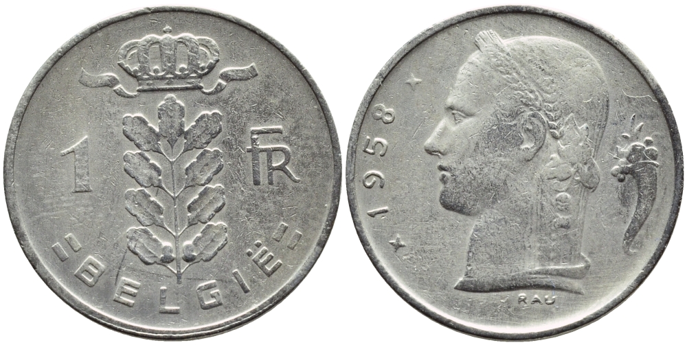 Бельгия 1 франк 1958 Belgie, Бодуэн I (1951-1993) KM 143.1 медно-никель 4388-427
