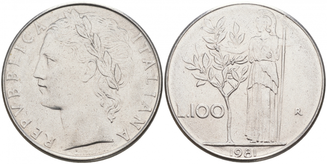 ИТАЛИЯ 100 ЛИР 1981 R, АФИНА KM 96.1 нержавеющая сталь 3855-826