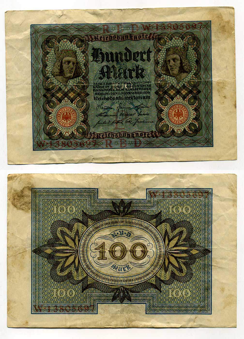 Германия 100 марок 1920 Бамбергский всадник, 8 цифр в номере Pick 69 b, Розенберг 69b бумага 8619-39-1-1