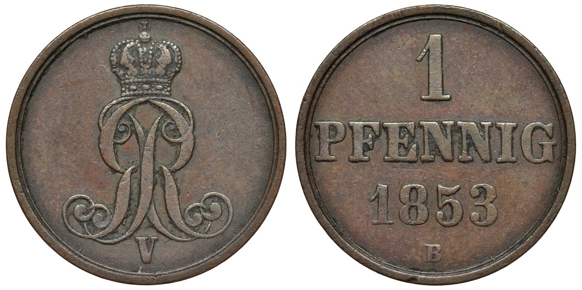 Ганновер 1 пфенниг 1853 B, Георг V KM 221, AKS 155, J. 83 медь 4594-432