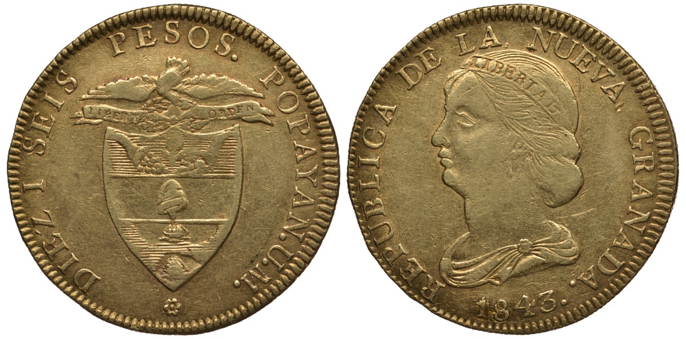 Колумбия 16 песо 1843 Новая Гранада KM 94.2 золото 10-010-51