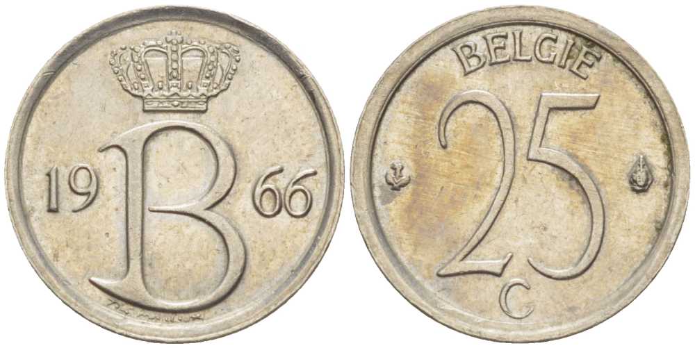 Бельгия 25 сантимов 1966 Belgie, Бодуэн I (1951-1993) KM 154.1 медно-никель 201-1252