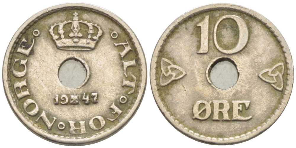 НОРВЕГИЯ 10 ЭРЕ 1947 ХОКОН VII (1905-1957) KM 383 медно-никель 116-1113