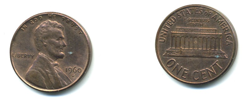 США 1 цент 1960 D, Линкольн, LARGE DATE KM 201 медь цинк 35-1358