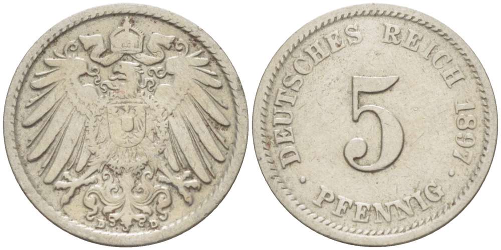 ГЕРМАНИЯ 5 ПФЕННИГОВ 1897 D KM 11, J. 12 медно-никель 4516-722