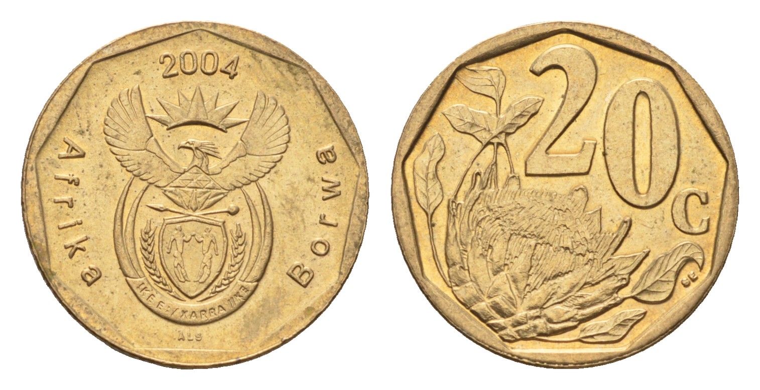 ЮАР 20 центов 2004 герб, цветок протея KM 328 сталь плакированная бронзой UNC 4687-562